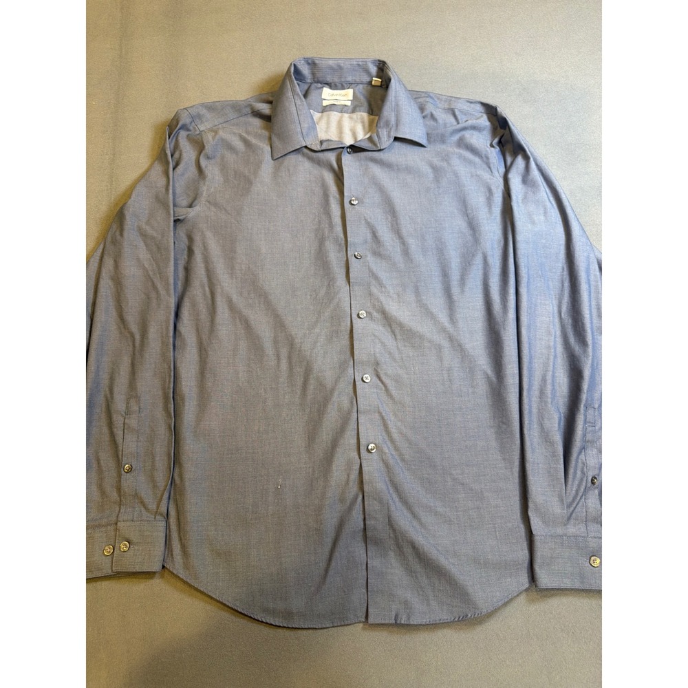 Calvin Klein Mens Dress Shirt 2XL 18 36/37 Blue Steel+ Slim Fit Herringbone LS